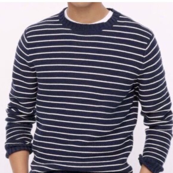 J. Crew 100% Cotton Crew Neck Preppy Navy White Striped Sweater - Picture 1 of 8